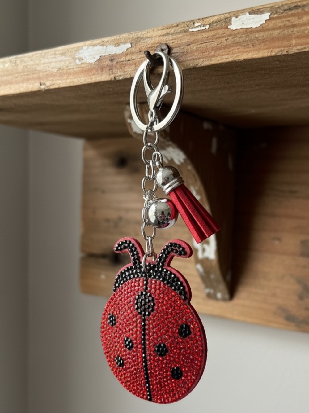 Ladybug Red and Black Crystal Keychain Silver Color with Tassel